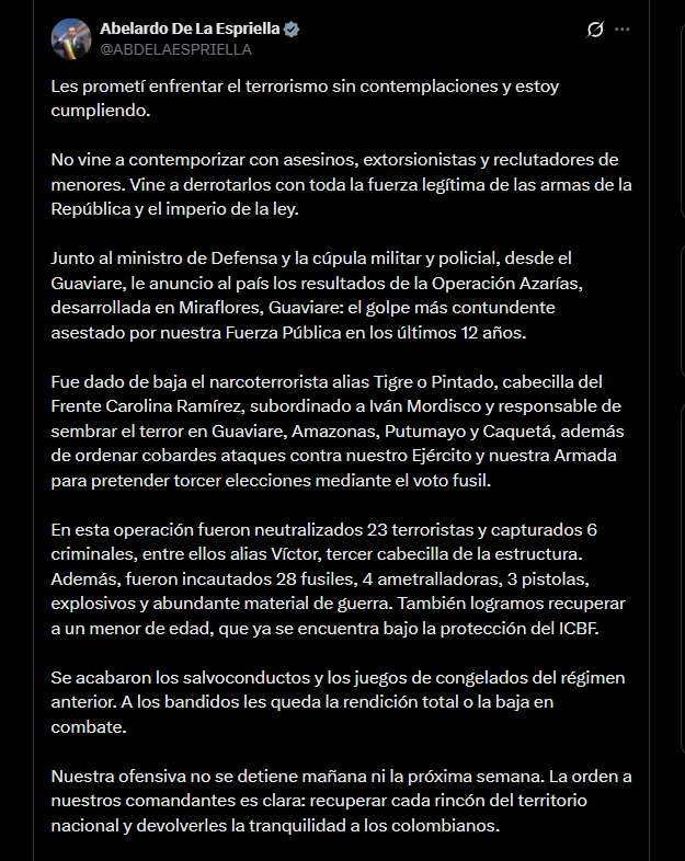 Abelardo de la Espriella calificó el resultado como la acción más contundente de la fuerza pública durante los últimos 12 años - crédito @ABDELAESPRIELLA/X