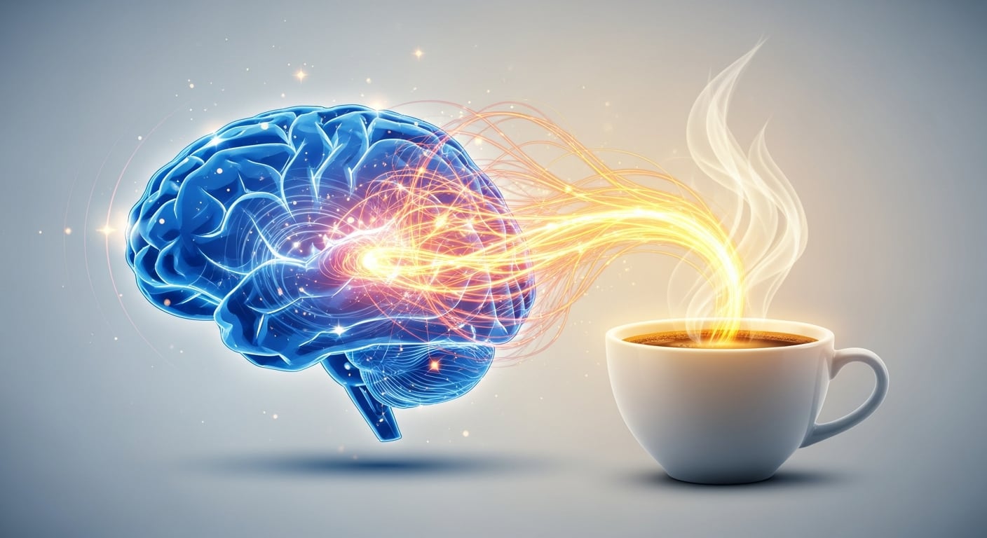 Ilustración conceptual que muestra cómo el café, representado por una taza humeante, interactúa y estimula la actividad cerebral, simbolizada por un cerebro brillante y energético. (Imagen Ilustrativa Infobae)