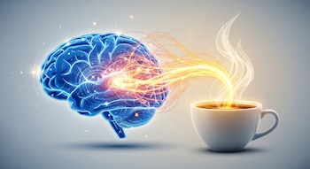 Ilustración digital de un cerebro azul brillante con conexiones neuronales rojas y naranjas, conectado por haces de luz dorada a una taza de café humeante.