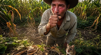 Un agricultor con sombrero tose mientras trabaja en una milpa, su rostro enrojecido. Un ratón con ojos grandes y pelaje marrón se asoma en primer plano.