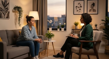 Una mujer en un sofá gris mira a una terapeuta que escribe en un cuaderno en una sala acogedora con plantas y una ventana al atardecer.
