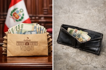 Imagen dividida. Izquierda: pila de sobres con el logo Congreso de la República del Perú y billetes. Derecha: billetera abierta con billetes y una moneda.
