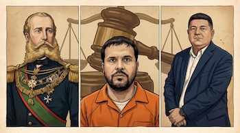 Tríptico ilustrado con tres hombres: un militar de gala, un recluso en overol naranja y un hombre de traje, ante un mazo y una balanza.
