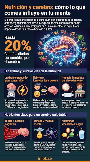 Infografía del cerebro humano iluminado y alimentos nutritivos; presenta datos sobre consumo calórico, factores cerebrales, hierro, omega 3, vitaminas y agua.