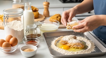 Manos rebozando una presa de pollo con harina en una bandeja. Sobre la mesada hay recipientes con harina, huevos, leche y especias.