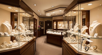 Vista interior de una joyería con vitrinas de madera y cristal llenas de collares, anillos y relojes sobre expositores blancos.