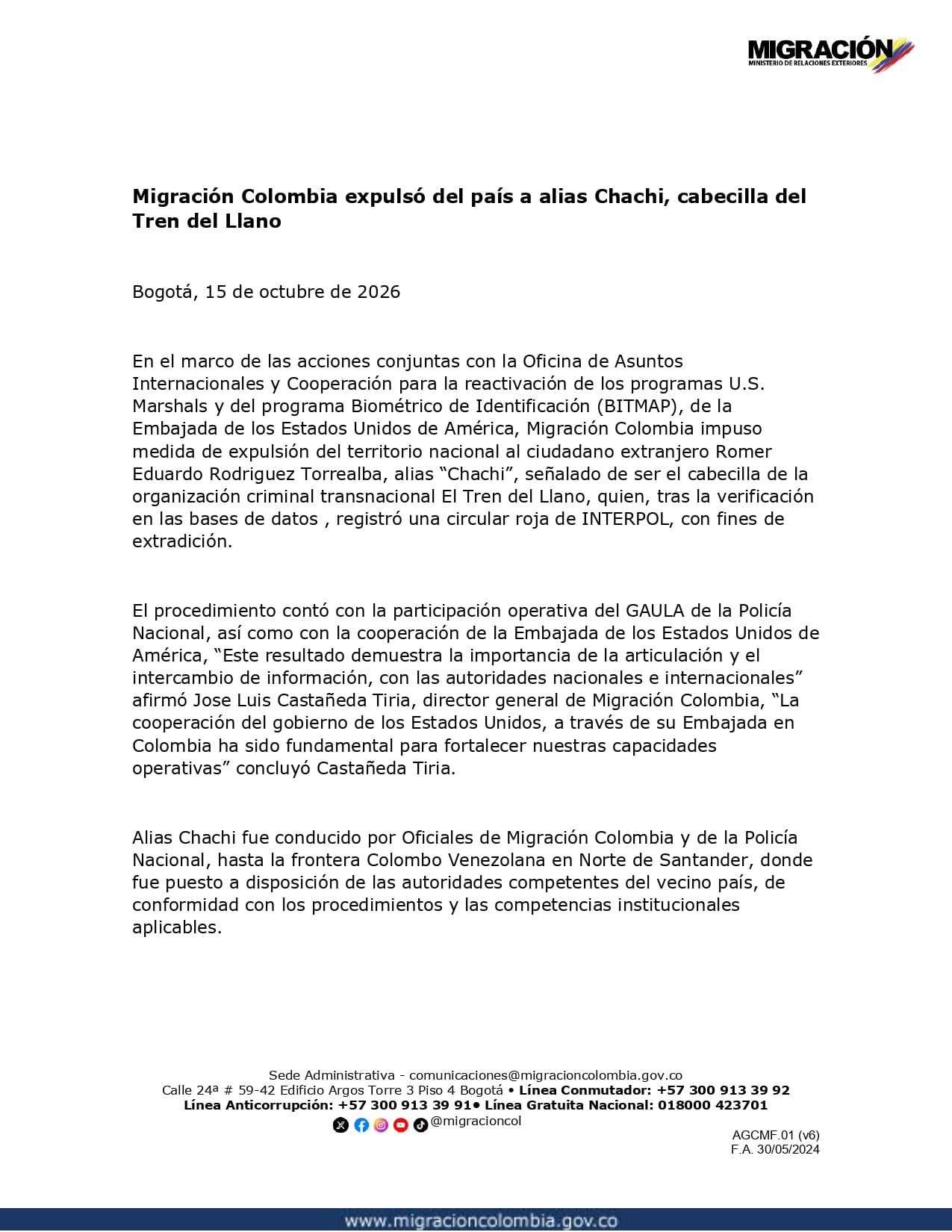 Las autoridades identificaron a Rodríguez Torrealba tras verificar bases de datos y confirmar una notificación roja de Interpol - crédito prensa Armada de Colombia