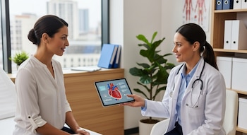 Una médica con bata blanca y estetoscopio muestra en una tableta digital la ilustración de un corazón humano a una paciente joven sentada.