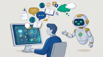 Ilustración: Persona frente a monitor digital con gráficos. Robot blanco y dorado amigable extiende la mano. Burbujas de diálogo, libros y símbolos de idiomas en el aire.
