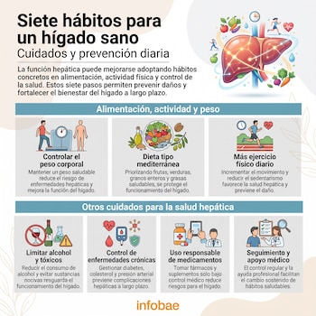 Infografía de siete hábitos para hígado sano con ilustraciones de anatomía hepática, iconos de salud y texto explicativo. Fuente: Infobae.