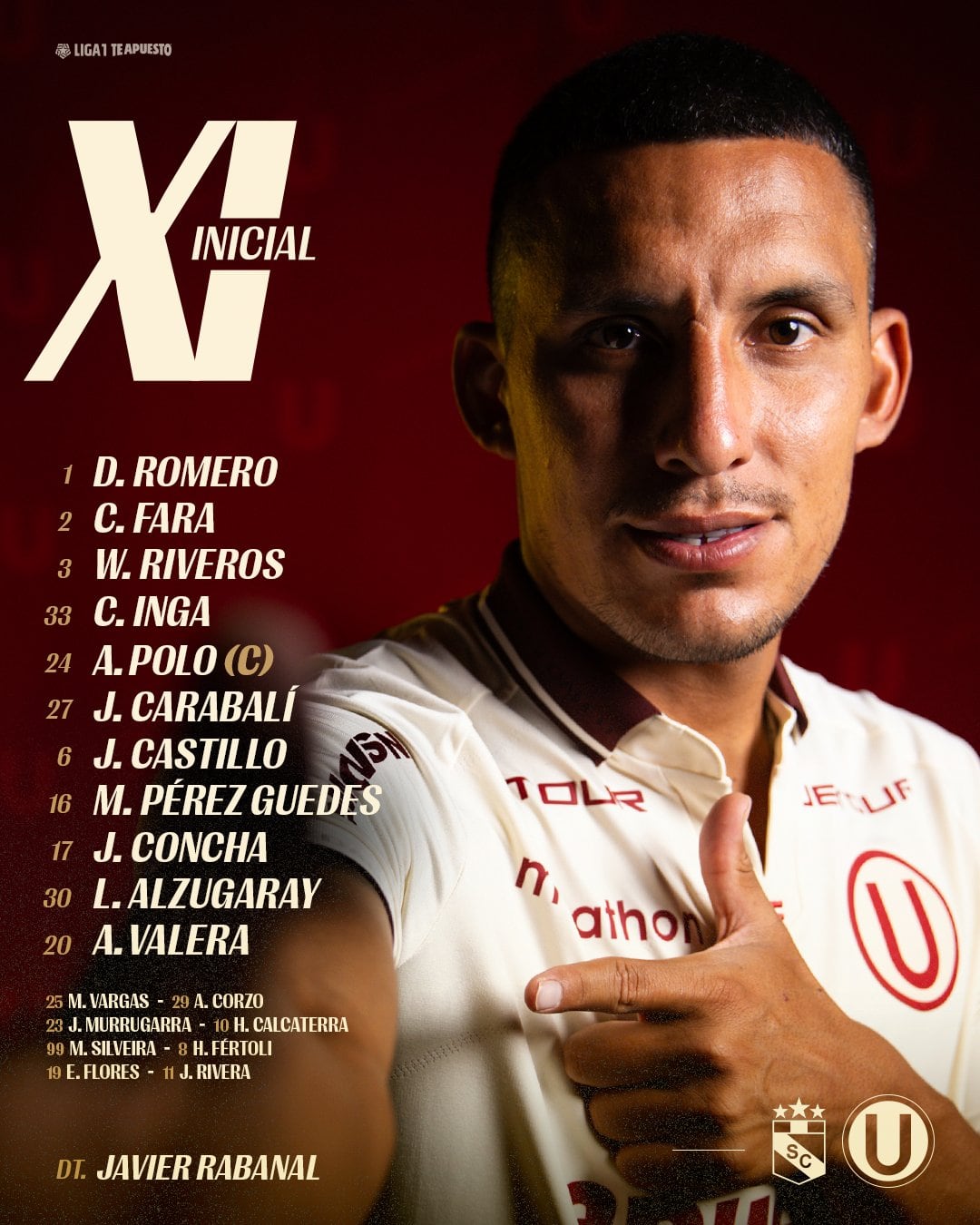 Os onze do Universitario na luta contra o Sporting Cristal pela Liga 1 2026.