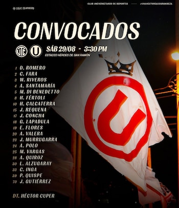 La lista de convocados de Universitario para el partido ante UTC.
