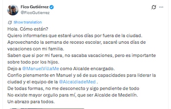 Federico Gutiérrez anunció que tomará unos días de vacaciones con su familia durante el receso escolar de octubre - crédito @FicoGutierrez/X