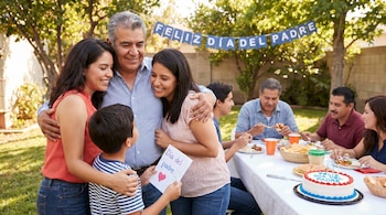 Un padre hispano sonriente recibe abrazos de sus hijas y un regalo de su nieto durante una celebración familiar al aire libre.