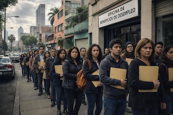 Fila de personas adultas con carpetas de papel de color marrón frente a una oficina de beneficios de desempleo en una calle urbana con edificios y autos.