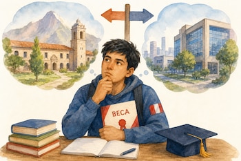 Un joven ante un escritorio con libros y una carpeta de beca reflexiona entre dos tipos de campus universitarios.