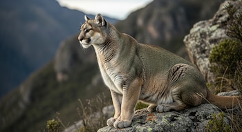 Un puma con pelaje gris y beige posa sobre una roca en primer plano, con montañas y vegetación de fondo bajo luz natural.