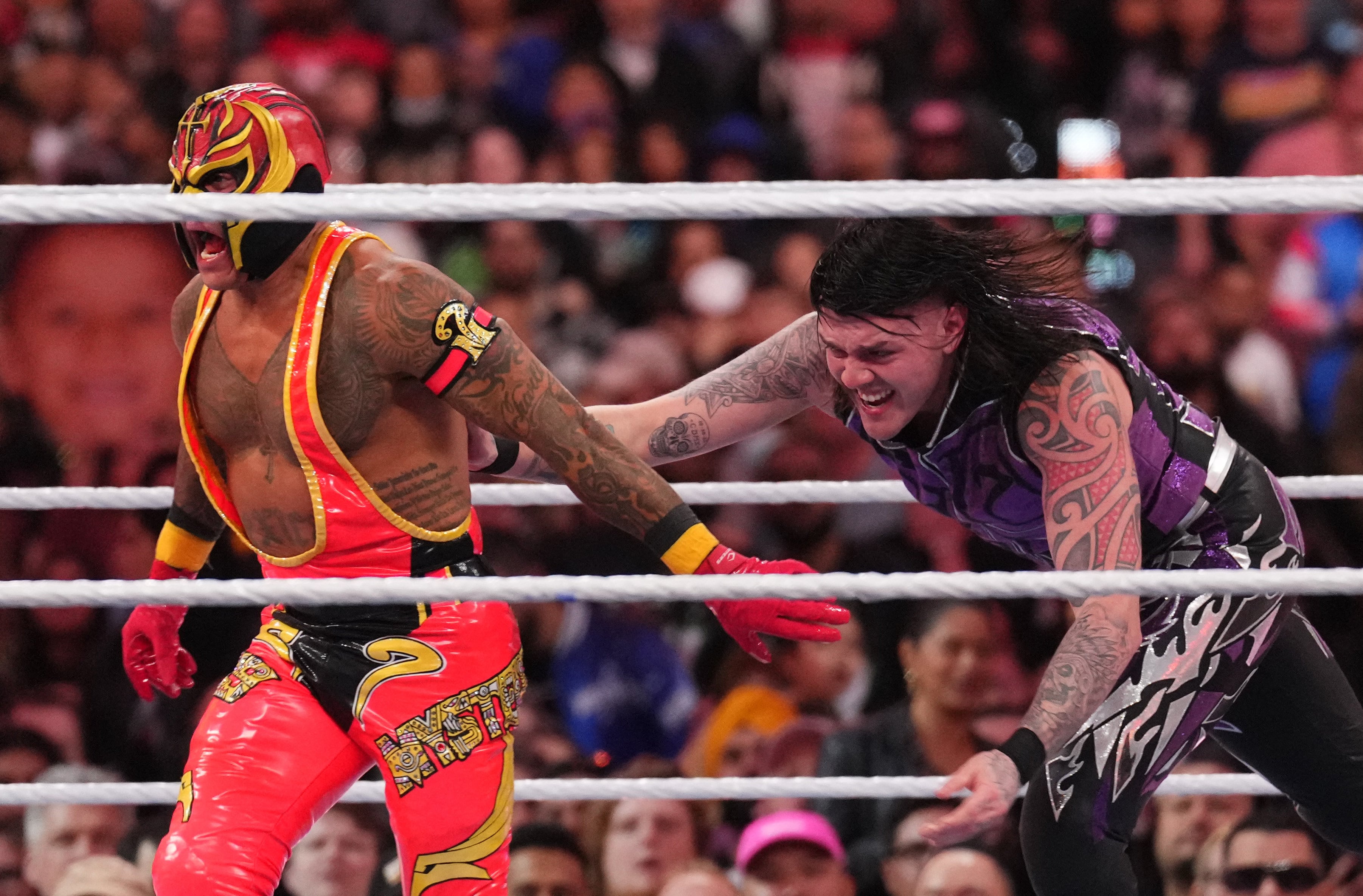 Apr 1, 2023; Inglewood, CA, USA; Dominik Mysterio (black/purple attire) and Rey Mysterio (pink/yellow attire) during Wrestlemania Night 1 at SoFi Stadium. Mandatory Credit: Joe Camporeale-USA TODAY Sports