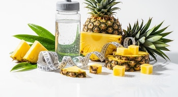 Abacaxi inteiro, rodelas e cubos de abacaxi, folhas verdes com gotas de água, garrafa de água transparente e fita métrica branca na superfície clara.