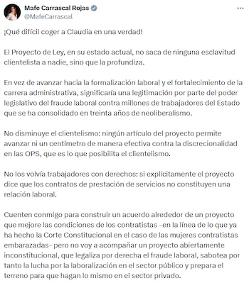 Carrascal aseguró que la iniciativa no combatía el clientelismo y que, en su concepto, “legaliza el fraude laboral” en el sector público. - crédito @MafeCarrascal/X