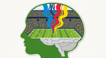 Ilustración de perfil de un cerebro humano que contiene un estadio de fútbol con campo verde, tribunas llenas de gente y líneas de colores vibrantes.