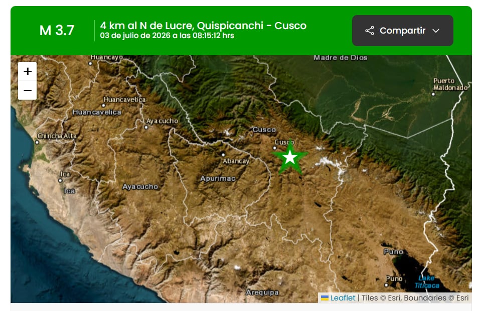 Un mapa satelital del Perú con un epicentro sísmico de magnitud 3.7 localizado 4 km al norte de Lucre, en Quispicanchi - Cusco, el 3 de julio de 2026, según el IGP/CENSIS. (IGP)