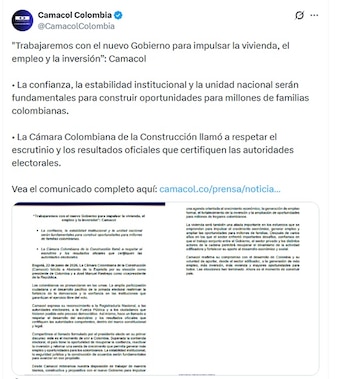 Camacol dice que trabajará con el nuevo Gobierno para impulsar la vivienda, el empleo y la inversión - crédito @CamacolColombia/X