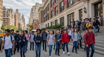 Un grupo de estudiantes diversos camina por la acera y baja escaleras frente a un edificio escolar de ladrillo con banderas de Estados Unidos en Nueva York.