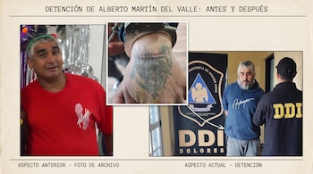 Tres fotografías muestran a Alberto Martín Del Valle antes y después de su detención, además de un detalle de sus manos esposadas con un tatuaje.