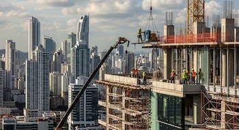 Edificio en construcción con trabajadores, grúa de construcción elevando materiales, andamios, barreras de seguridad y un horizonte urbano de rascacielos.