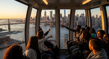 Personas dentro del Teleférico de Roosevelt Island, con vistas del horizonte de Manhattan, el Puente de Queensboro y el East River al atardecer.