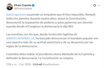 El senador del Partido Conservador reaccionó a la suspensión del empalme presidencial - crédito X