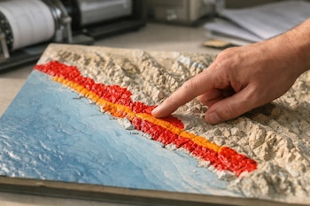 Mapa físico en relieve de la costa peruana con zonas rojas y naranjas. Una mano señala el segmento costero. Nombres parciales 'LIMA' y 'PISCO' son visibles. Instrumentos desenfocados en el fondo.