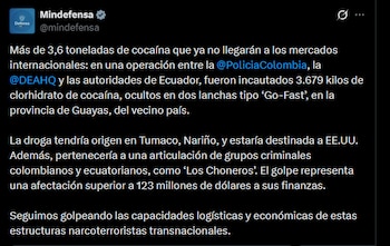 La organización Los Choneros articulaba alianzas con estructuras colombianas para el envío de estupefacientes, según informó el Ministerio de Defensa - crédito @mindefensa/X