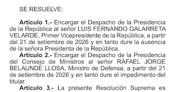 Texto de una resolución oficial sobre el encargo de la Presidencia de la República a Luis Fernando Galarreta Velarde