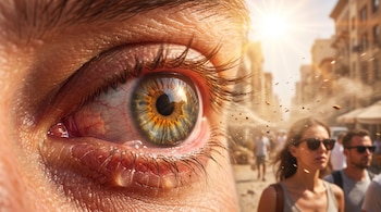 Primer plano de un ojo humano irritado y lloroso. Partículas de polvo flotan en el aire soleado. Al fondo, personas con gafas de sol en una calle urbana.