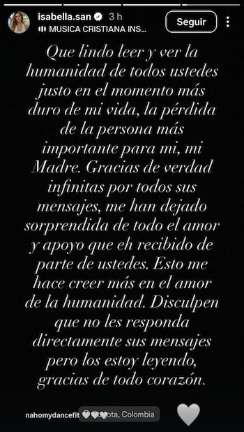 Los mensajes de respaldo no se hicieron esperar y ella no dudó en agradecer al público - crédito Isabella Santiago / Instagram