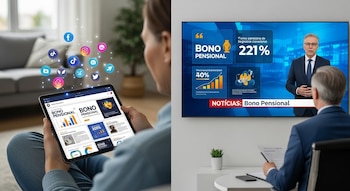 Una persona consulta sobre el bono pensional en una tablet con iconos de redes sociales, mientras otra ve un noticiero sobre el bono en televisión.