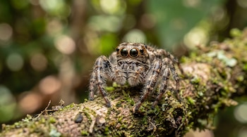 Primer plano de una araña saltarina con cuerpo velludo y grandes ojos frontales, posada sobre una rama cubierta de musgo.