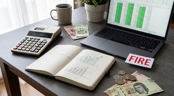 Una mesa de trabajo con calculadora, laptop, libreta con gráficos, billetes y monedas mexicanas, taza de café y tarjeta con "FIRE".