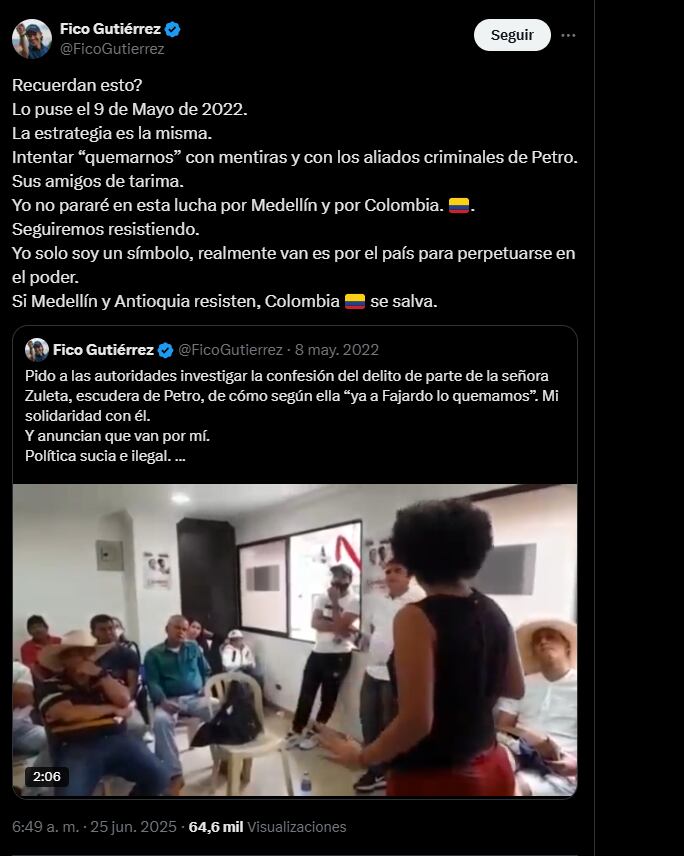 El mandatario local sostuvo que el Gobierno nacional ‘quemar’ a sus opositores en alianza con los criminales - crédito @FicoGutierrez/X