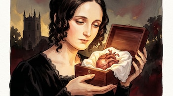 Ilustración de Mary Shelley con cabello oscuro, sosteniendo una caja de madera abierta que contiene un corazón humano envuelto en tela blanca. Una iglesia se ve al fondo.