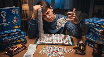 Joven con expresión de frustración en una mesa con álbumes Panini FIFA World Cup 2026, un álbum abierto, figuritas duplicadas y una factura larga.