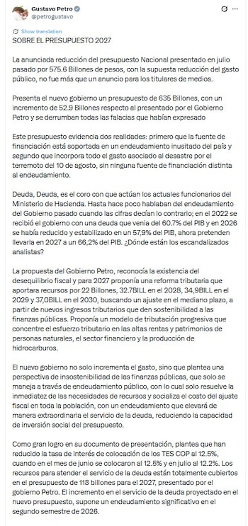 El exmandatario defendió la propuesta fiscal de su administración, que contemplaba una reforma tributaria con recursos proyectados por $22 billones para 2027 y mayores recaudos en los años siguientes para contribuir al ajuste de las finanzas públicas - crédito @petrogustavo/X