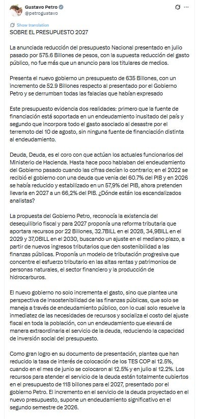 El exmandatario defendió la propuesta fiscal de su administración, que contemplaba una reforma tributaria con recursos proyectados por $22 billones para 2027 y mayores recaudos en los años siguientes para contribuir al ajuste de las finanzas públicas - crédito @petrogustavo/X