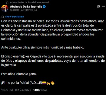 Abelardo de la Espriella consolida su crecimiento y se perfila como el principal rival de Cepeda en la carrera presidencial - crédito @ABDELAESPRIELLA
