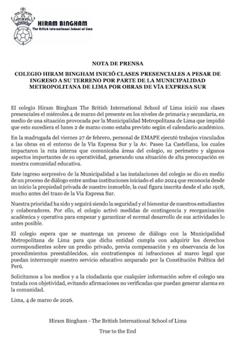 Comunicado del colegio Hiram Bingham