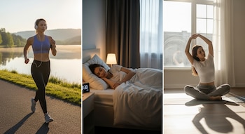 Imagen de tres paneles: una mujer corre al aire libre con auriculares, duerme en su cama por la noche y se estira en una colchoneta cerca de una ventana.