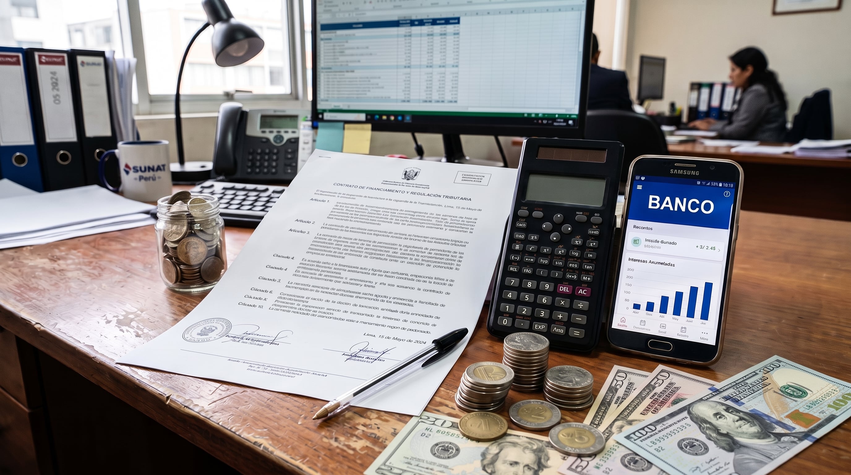 Un escritorio de oficina reúne un contrato bancario, billetes de dólares estadounidenses, monedas, una calculadora y un teléfono móvil con una aplicación bancaria. (Imagen Ilustrativa Infobae)