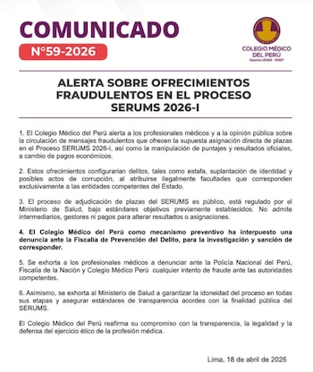 Colegio Médico alerta sobre estafas con plazas y puntajes en el SERUMS 2026-I. (Foto: Colegio Médico del Perú)